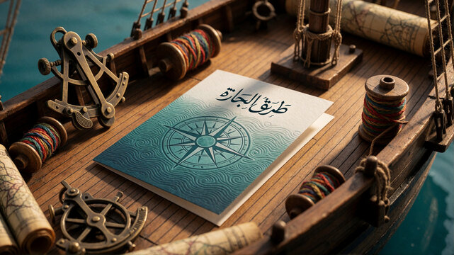 Vintage nautical navigation tools and Arabic trade route card on wooden ship deck