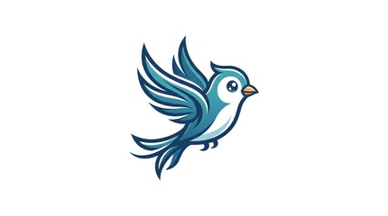 Fototapeta premium Vector illustration of a cute blue bird flying with open wings, isolated on a white background, designed as a modern mascot logo style.