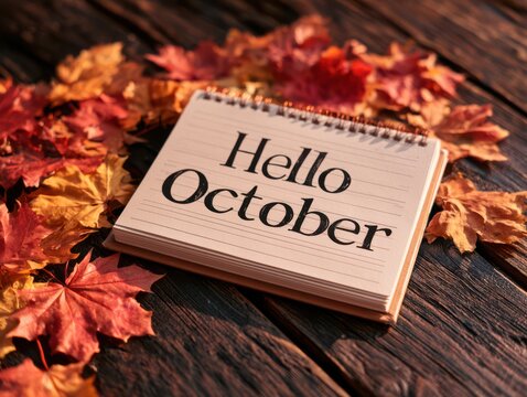 Hello october sign surrounded by autumn leaves