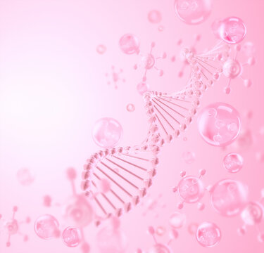 DNA Stem cells with molecules in a clean pink background, cell science and biotechnology concept, 3D rendering