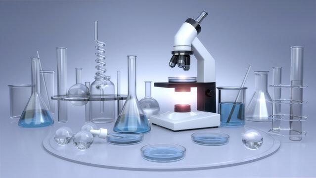 Microscope with laboratory glassware equipment on bright background, 3D rendering