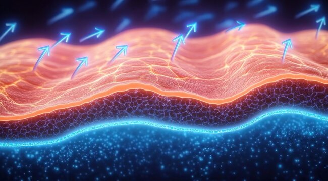 glowing wavy orange textured upper layer over porous dark middle and luminous blue base with sparkling particles and upward blue arrows suggesting dynamic breathable flow and protection