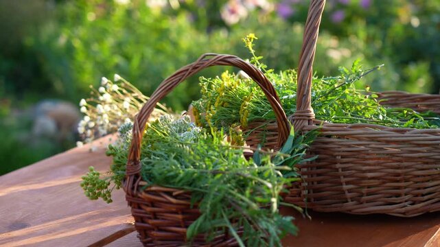 Wicker baskets on a wooden table with field medicinal herbs on a sunny summer day at sunset.Collection of healing useful medicinal herbs field. Alternative herbal medicine Natural cosmetics made from