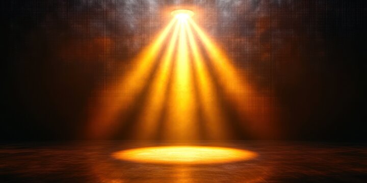 empty stage bathed in warm golden spotlight beams with a circular illuminated floor, drifting dust and a dramatic dark textured background conveying anticipation and focused tension