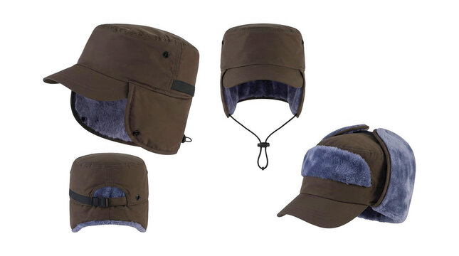 Warm winter faux fur trapper hats with ear flaps and adjustable strap isolated on white background, clothing