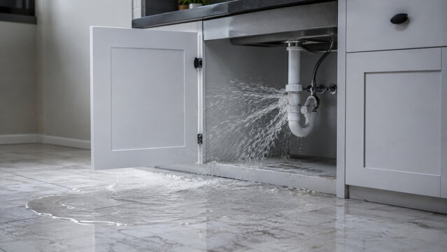 Burst Water Pipe Under Kitchen Sink Flooding Floor in Modern Home