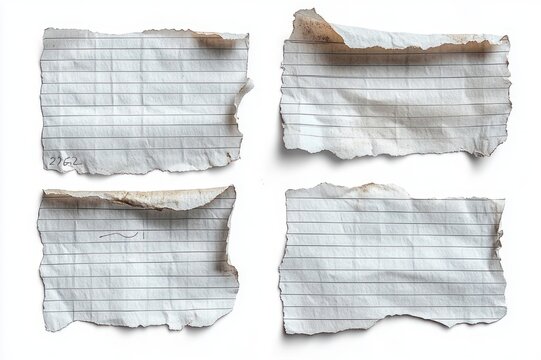 Four torn lined notebook paper pieces with burnt and charred edges, creases and small scribbles on white background, evoking nostalgia and weathered decay