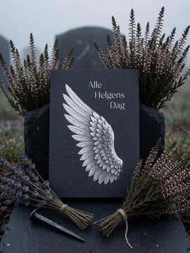 Alle Helgens Dag card with angel wing, heather and lavender on slate