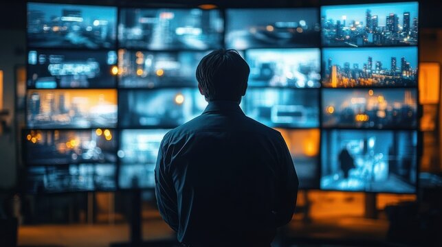 Silhouetted man facing a large wall of monitors showing cityscapes and security feeds in moody blue and orange light, focused and contemplative