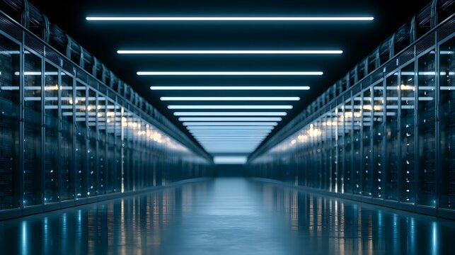 Modern server room data center displays rows of metallic cabinets illuminated by glowing blue linear lights in dark symmetrical architecture
