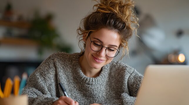 Smiling young woman with messy bun hairstyle wearing circular glasses writes notes using pen while looking down at desk surface