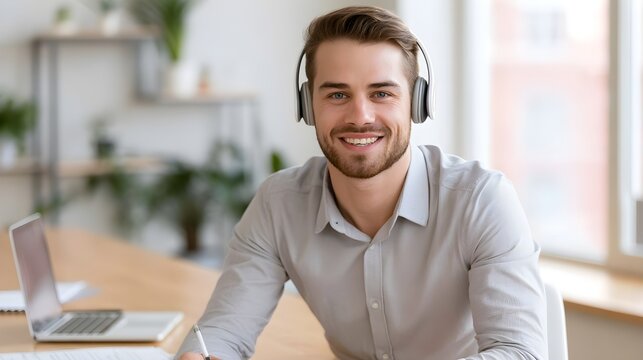 Professional young man wearing modern silver headphones smiling while sitting at wooden desk with laptop in bright sunlit office space