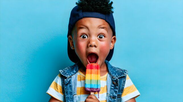 Surprised young boy wearing casual blue denim vest and baseball cap eating a delicious colorful rainbow popsicle on bright background
