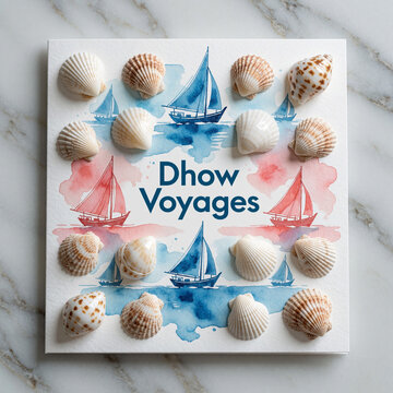 Dhow Voyages watercolor card with seashells and sailboats