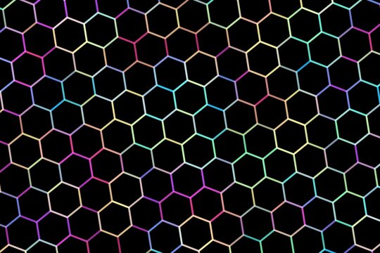 Abstract hexagon pattern with colorful lines on black background