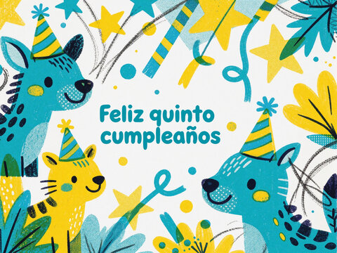 Feliz quinto cumplea&ntilde;os birthday card with cute animals