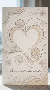 Anivers&aacute;rio do nosso noivado, beach wedding card, heart, seashells, compass
