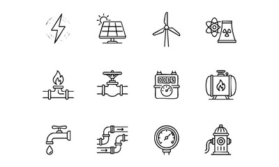 Fototapeta premium Power generation energy and utility line icon set vector illustration with resource