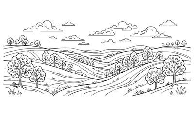 Fototapeta premium Detailed hand drawn outline vector illustration of a rural landscape with rolling