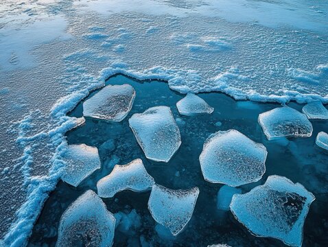fractured floating ice floes and icy slabs in deep blue water with frosted edges and textured surfaces conveying tranquil cold and stillness