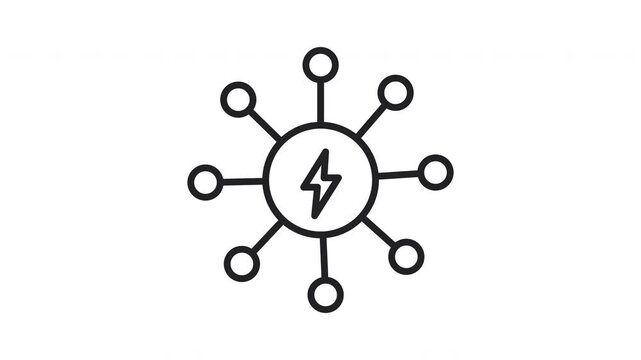 Animated line icon of a smart grid energy distribution hub with lightn