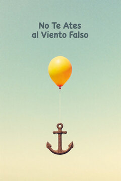 No Te Ates al Viento Falso - Conceptual illustration of a yellow balloon lifting a rusty anchor against a gradient sky