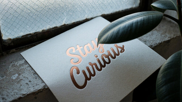 Stay Curious - Motivational quote card with rose gold foil text on textured paper, plant leaves, concrete background