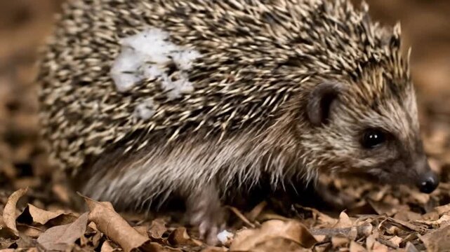 Close up of wild hedgehog anointing behavior with white foam on spiky quills