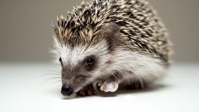 Close-up of a cute hedgehog showing signs of anointing behavior on a plain background