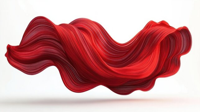 Floating red textured ribbon of flowing fabric with layered brushstroke waves on white background conveying dynamic energy and elegant passion