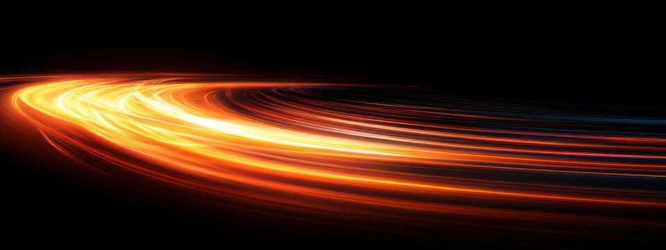 glowing golden and red curved light trails and layered streaks sweeping across a black background, conveying dynamic speed and energy