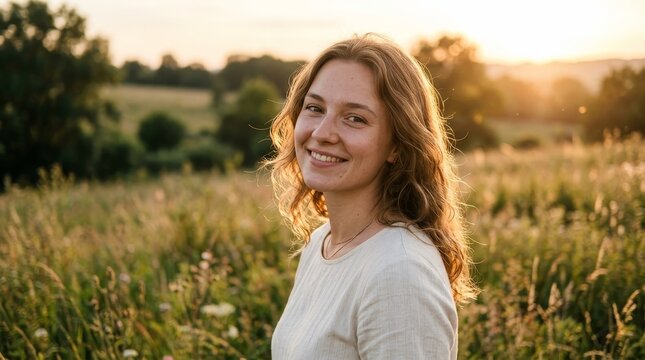 Young woman smiling in a sunlit meadow at golden hour.