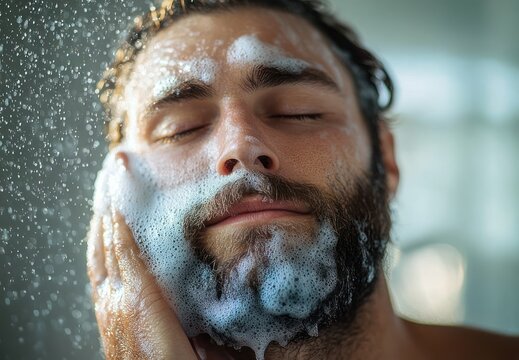 close-up of a bearded man washing his face in the shower with soap lather and water droplets, hand on cheek, soft light, blurred square obscuring center, feeling refreshed and soothing