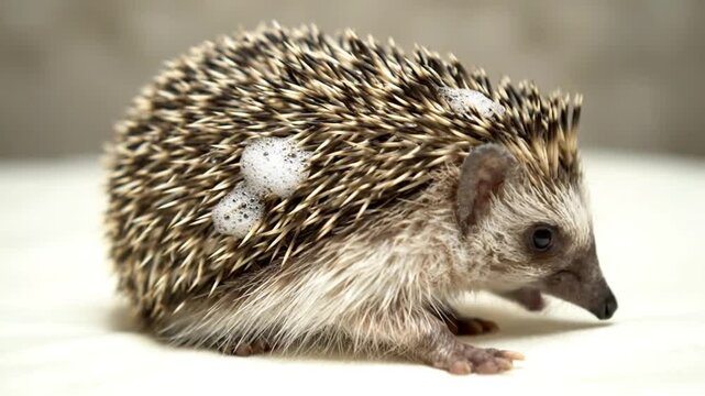 Close-up of a small hedgehog exhibiting hedgehog anointing behavior on its quills