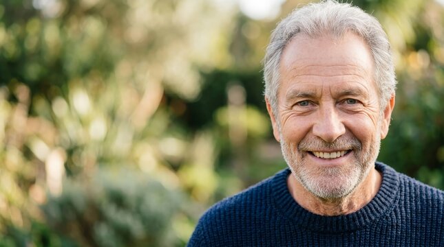 Senior man smiling outdoors in natural sunlight.