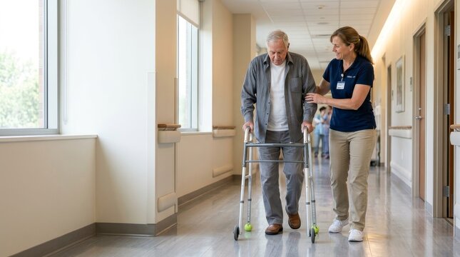 Senior man walking with caregiver in hospital hallway.