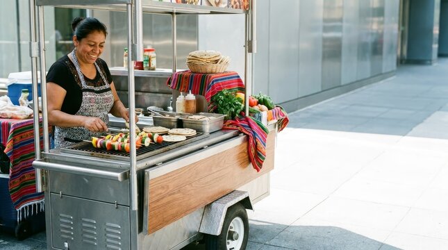 Street food vendor serving fresh meals from mobile cart.