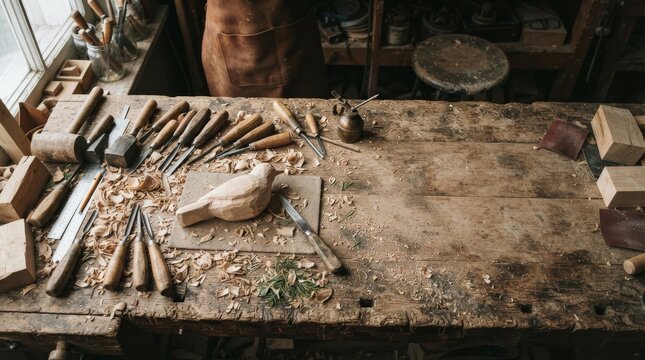 Traditional stone carving workshop with artisan at work.