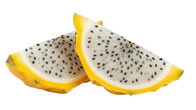 Two fresh slices of yellow dragon fruit with black seeds isolated on transparent background