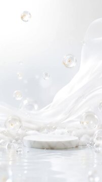 白い曲線と透明な球体が漂う高級感のある縦型抽象モーション背景