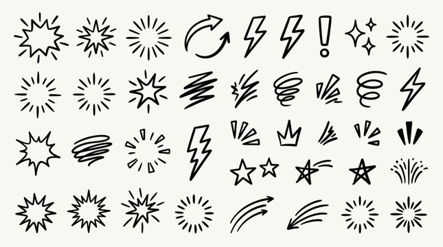 Dynamic Doodle Burst and Action Elements Vector Illustration Set &ndash; Starbursts, Sparks, Lightning, Arrows, Swirls, Radiance and Comic Effects
