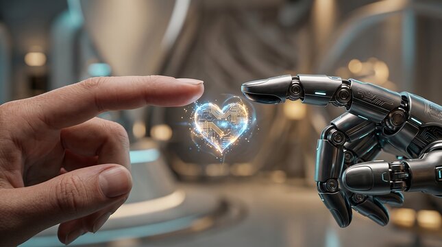Human and Robot Hand Touching Glowing Heart for Artificial Intelligence Sympathy and Future Technology Connection