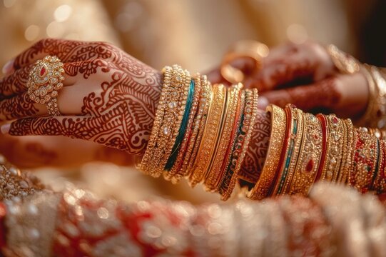 close-up of hennaed hands adorned with stacked gold bangles, jeweled ring and intricate mehndi patterns conveying festive bridal elegance and warm celebratory intimacy