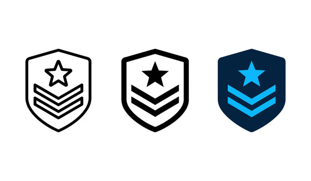 Military shield rank icon set with star and chevrons in navy and blue.