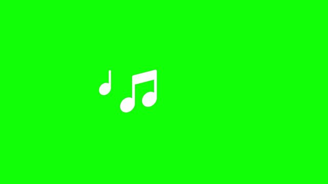 Music notes floating and vanishing with a seamless loop motion, creating a whistling and singing visual effect overlay for chroma key video editing on a green screen background.