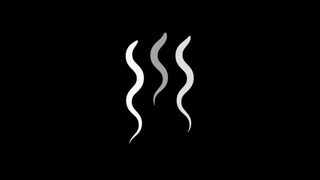Animated hot steam and smoke lines rising and fading out with a seamless loop motion, representing an isolated aroma, odor waves, or heat effect for food and drinks on a black background.