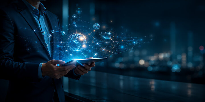 Businessman holding tablet with global network connection for business data exchange technology.