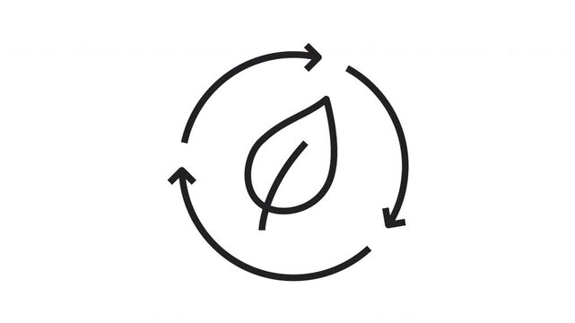 Animated line icon of a leaf with rotating recycling arrows