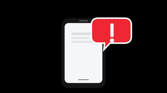 Smartphone displaying urgent notification alert animation with red exclamation bubble for modern digital video clips