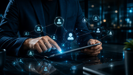 Fototapeta premium Professional businessman touching digital tablet screen with connected people network icons.